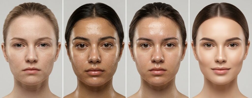BLURP guide illustrating the four primary skin types: dry, oily, combination, and normal